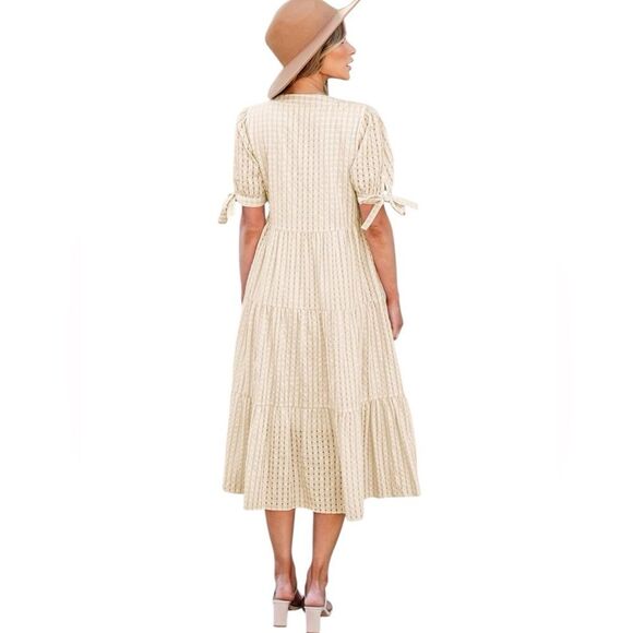 ECOWISH - Casual Dress V Neck Short Sleeve Gingham Midi Ruffles Tiered - size XL - Picture 5 of 10